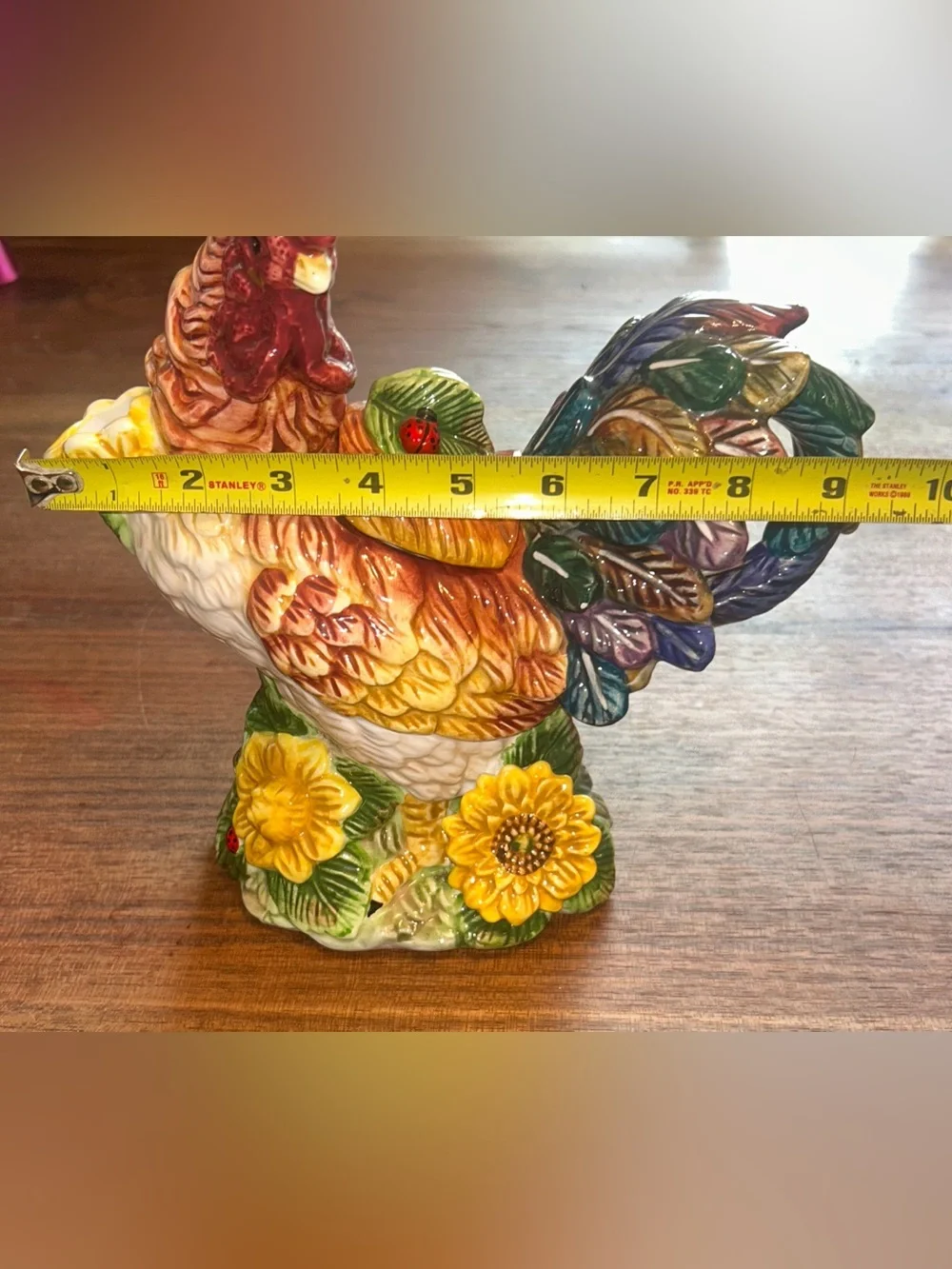 Ceramic Rooster chicken Pitcher Nestled in Sunflowers Ladybugs Colorful 10.5